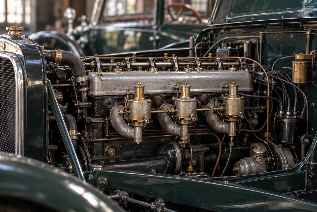 Close-up of a vintage dark green Wolseley Hornet car engine with exposed mechanical parts and brass carburetors