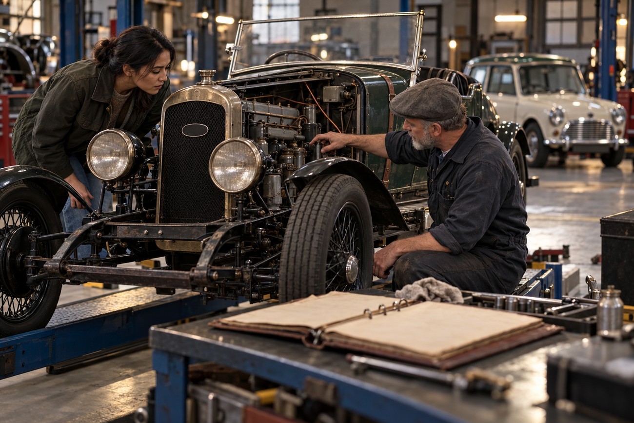 A mechanic and a woman examining the engine of a vintage Wolseley Hornet in a garage