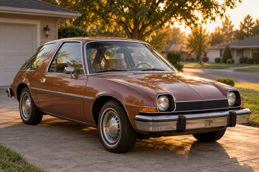 Brown classic AMC Pacer parked on a suburban driveway during sunset with large glass windows visible