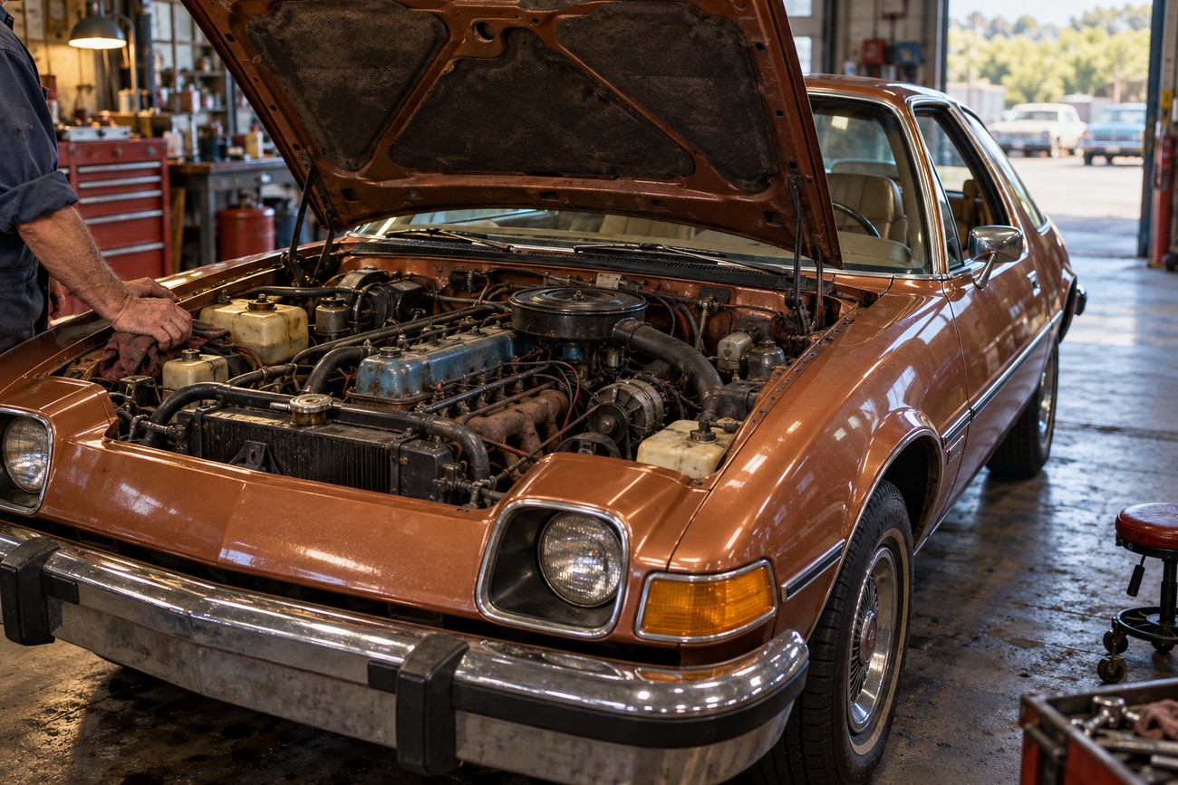 A mechanic inspecting the open engine bay of a classic brown AMC Pacer inside a garage
