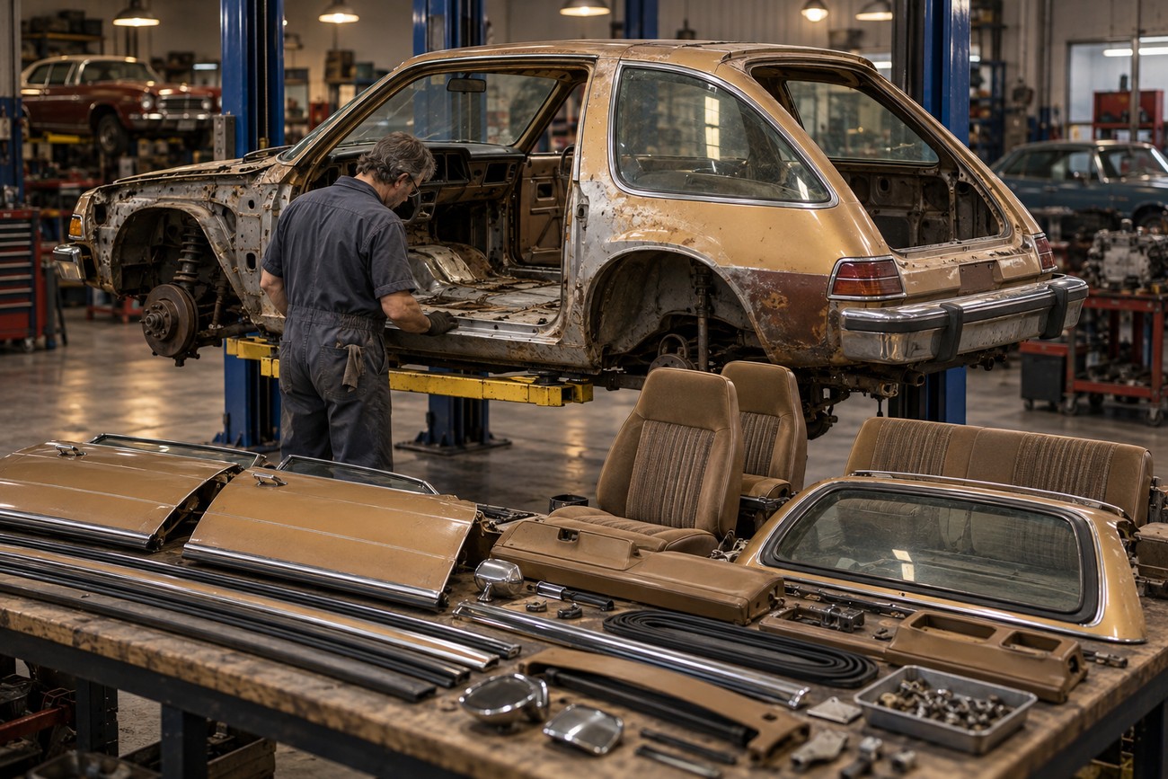 A mechanic working on a stripped AMC Pacer body on a lift with interior and exterior parts on a workbench