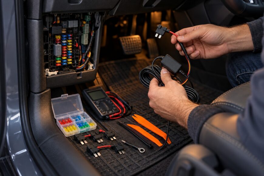 Man holding dash cam hardwire kit and fuse tap near an open car fuse box with tools on the floor