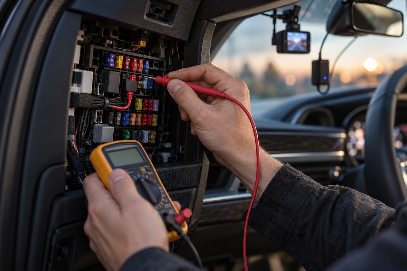 Person using a multimeter to check fuses in a car fuse box during a dash cam installation