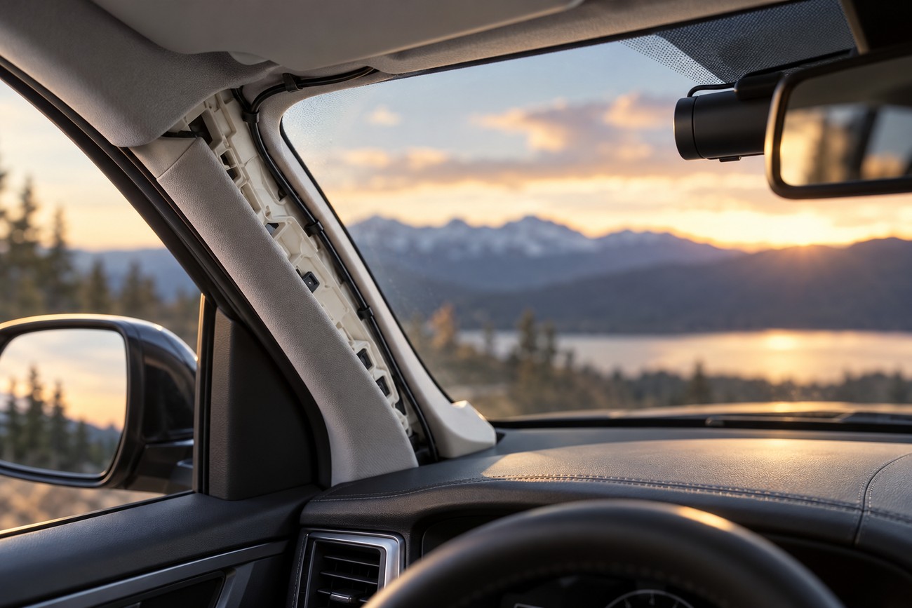 Interior view of a car with a dash cam cable routed along the exposed A-pillar trim