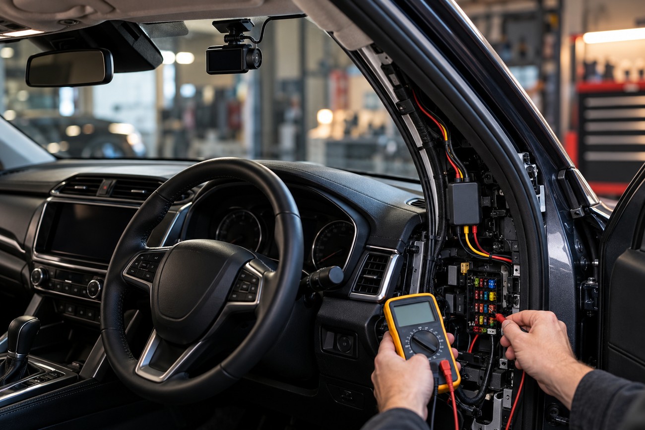 A technician using a multimeter to check the fuse box in a car interior during dash cam hardwiring