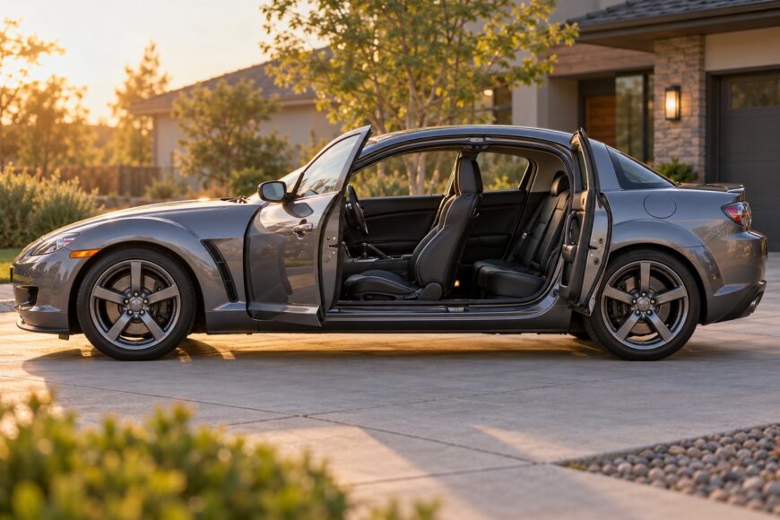 Gray Mazda RX-8 sports car parked in a driveway with both front and rear freestyle doors open