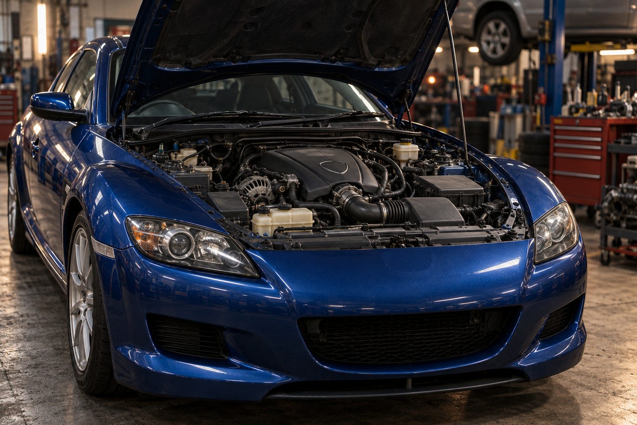Blue Mazda RX-8 sports car with an open hood displaying its rotary engine inside an auto repair shop