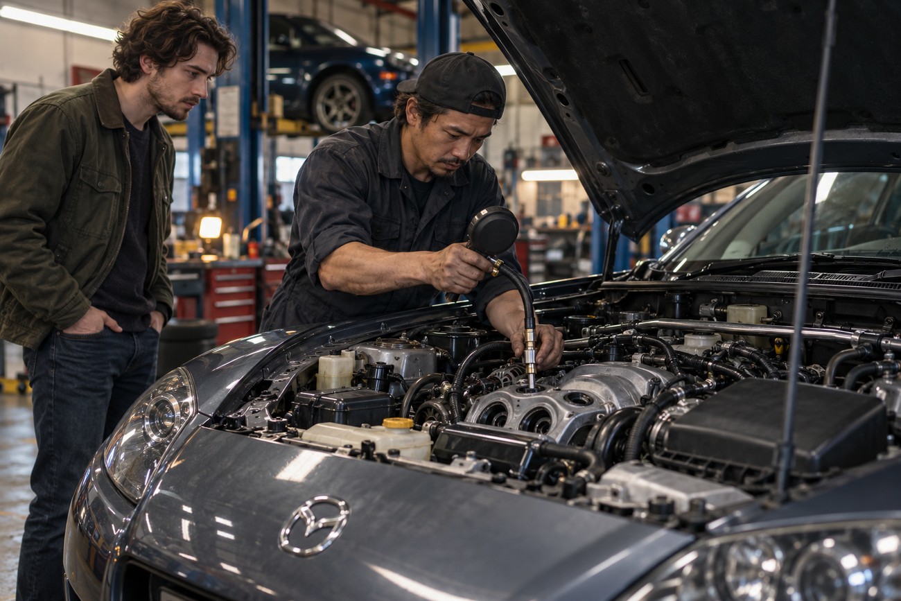 Mechanic checking engine compression on a Mazda RX-8 sports car with a customer watching in a garage