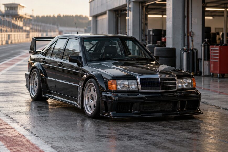 Black Mercedes 190E Evo II with a massive rear wing parked by a racetrack garage pit lane