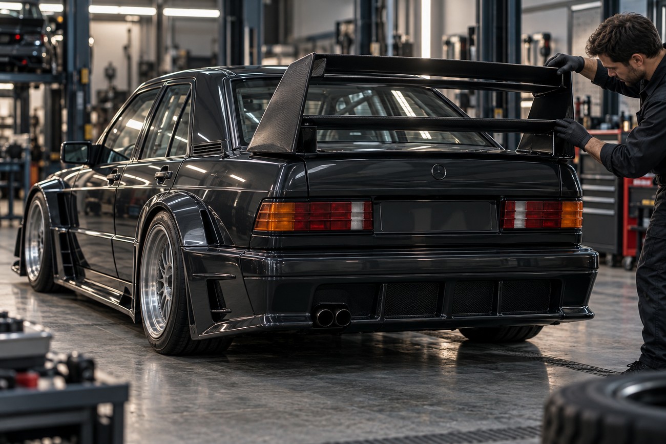 A mechanic in black overalls adjusting the giant rear wing of a dark grey Mercedes 190E Evo II inside a professional auto repair workshop