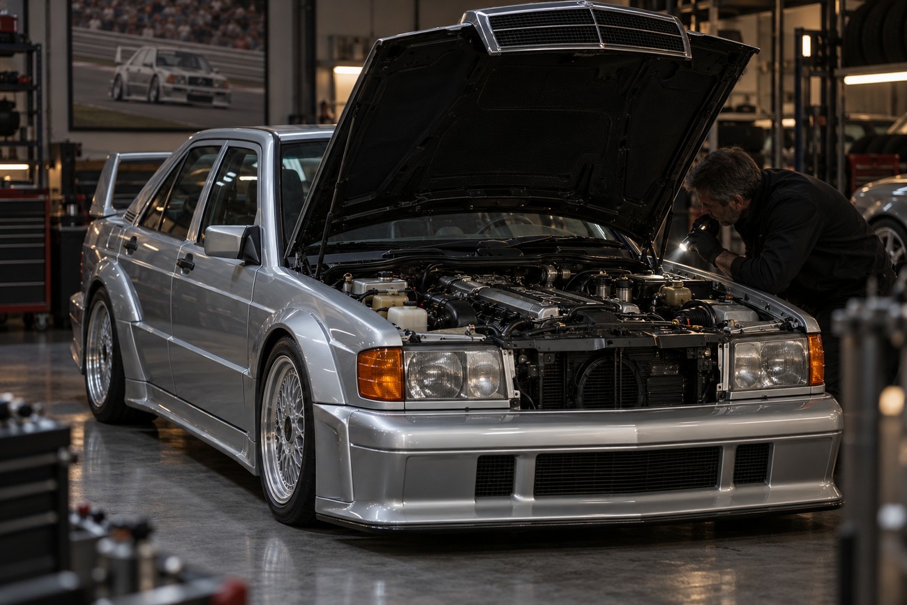 A mechanic inspecting the engine bay of a silver Mercedes 190E Evolution II with the hood open inside a garage