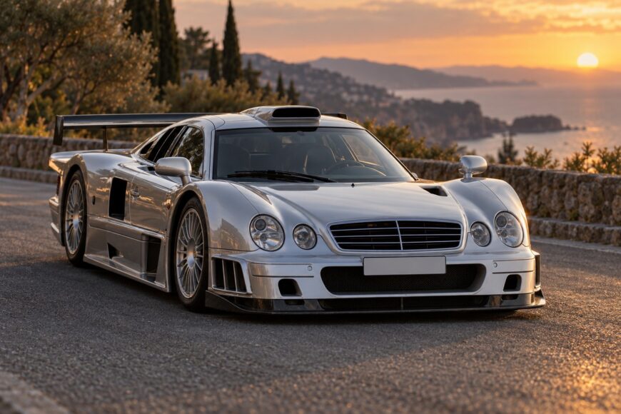 Silver Mercedes CLK GTR supercar with license plates parked on a coastal road during a scenic sunset