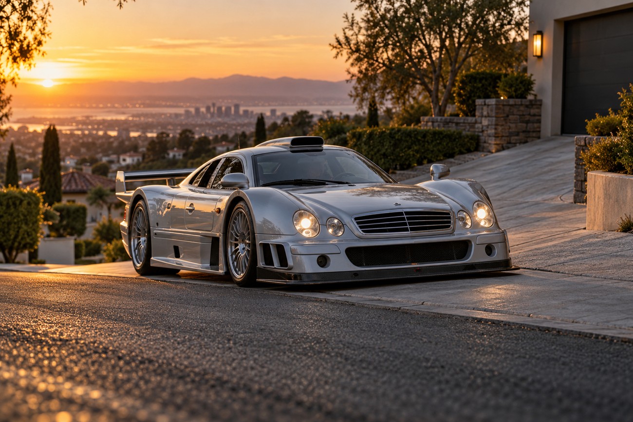 Silver Mercedes CLK GTR supercar parked on a driveway at sunset with a city view in the background