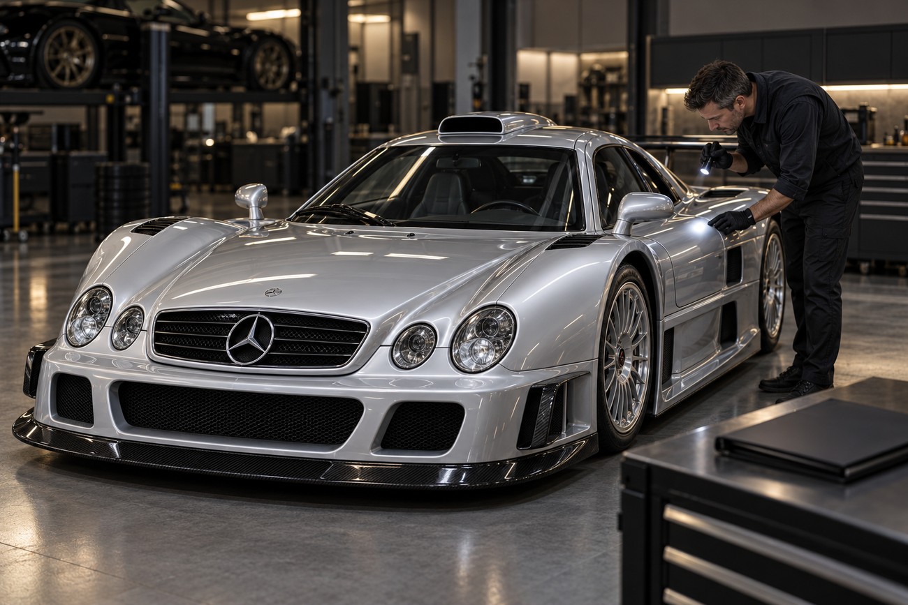 Mechanic in black uniform inspecting the silver body of a Mercedes CLK GTR supercar with a flashlight in a garage
