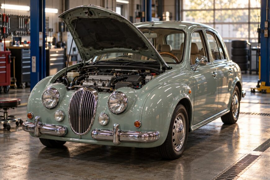 A light green Mitsuoka Viewt classic sedan with its hood open parked inside a professional auto repair garage with visible tools and equipment