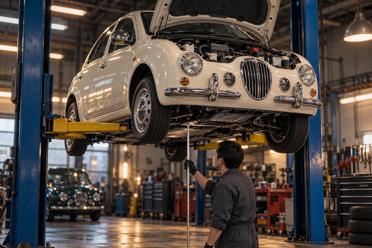 A mechanic in a grey uniform measures the underside of a white Mitsuoka Viewt lifted on a hydraulic hoist in a garage