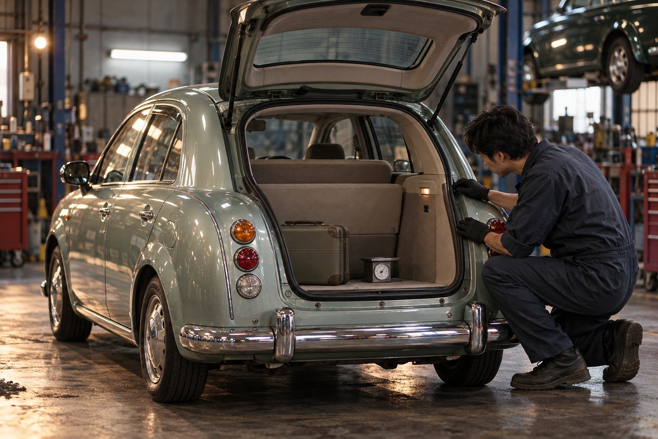 A mechanic in overalls inspecting the open trunk of a light green Mitsuoka Viewt inside a garage