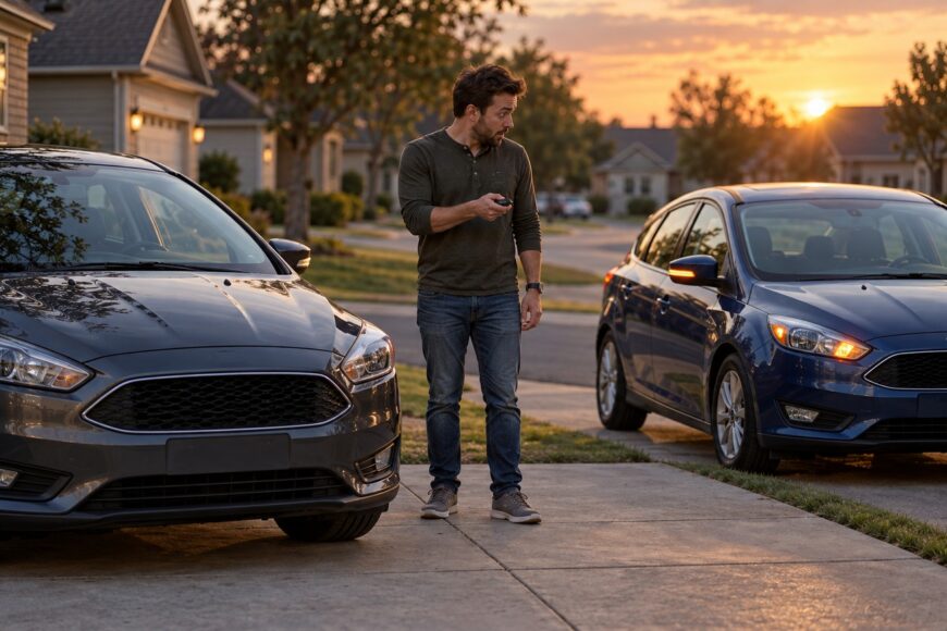 A confused man standing in a driveway holding a key fob between two Ford Focus cars at sunset