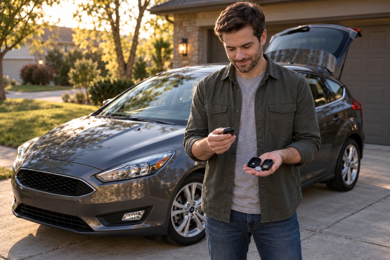A smiling man stands in a driveway holding a key fob and its battery in front of a gray Ford Focus with the trunk open