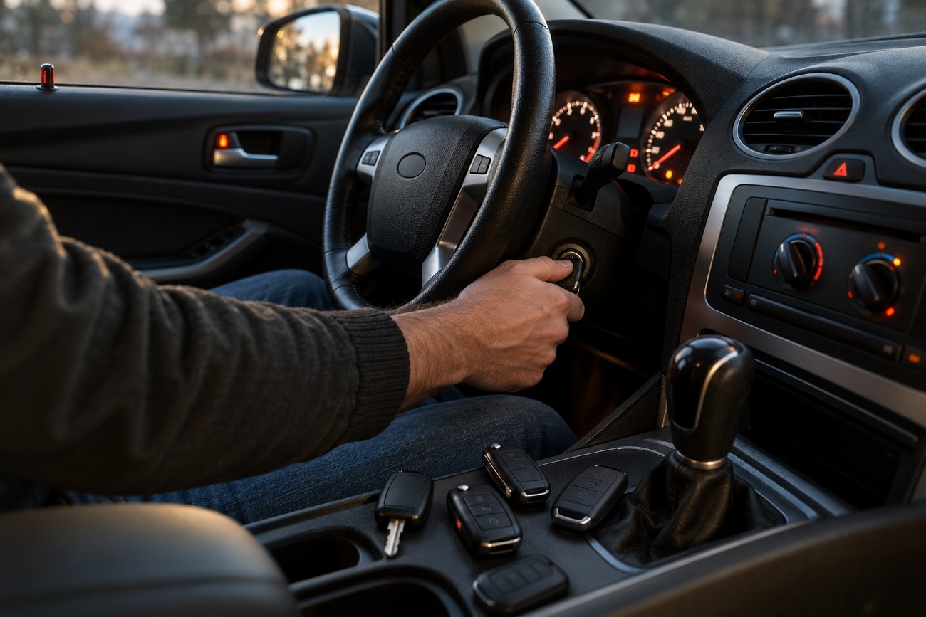 A driver sitting inside a Ford Focus interior turning the key in the ignition with multiple key fobs lying on the center console