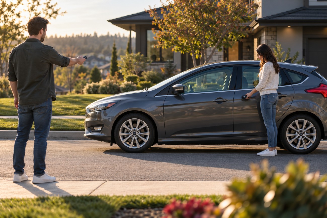 Man holding a key fob pointing at a gray Ford Focus where a woman is standing by the door