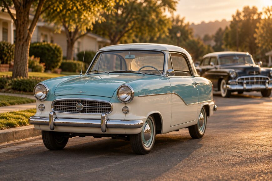 Two-tone blue and white Nash Metropolitan classic car parked on a sunny suburban street