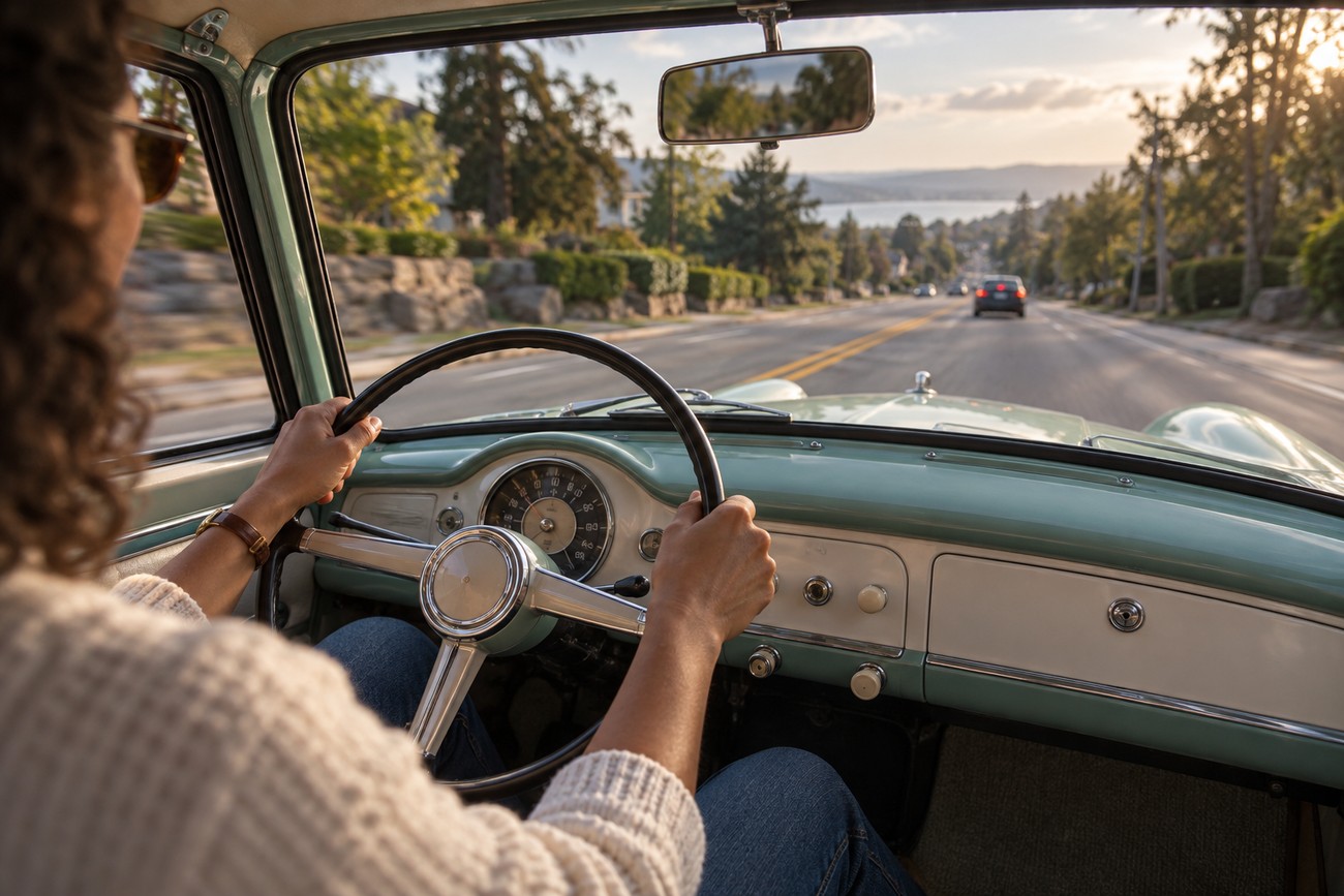A driver holding the steering wheel inside the vintage interior of a classic Nash Metropolitan driving on a road