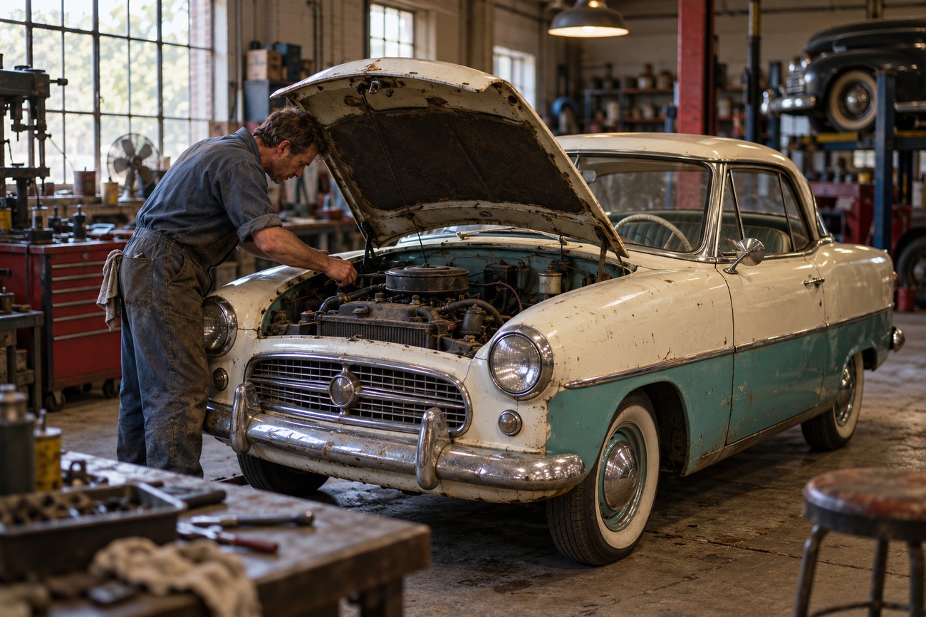 A mechanic in workwear inspecting the open engine bay of a vintage white and teal Nash Metropolitan inside a garage