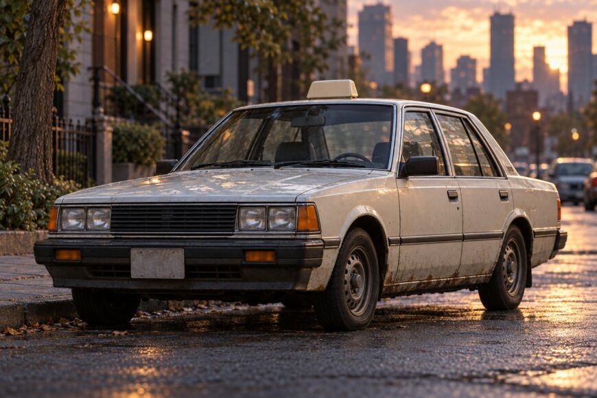 A vintage white Nissan Bluebird 910 sedan taxi parked on a wet city street at sunset