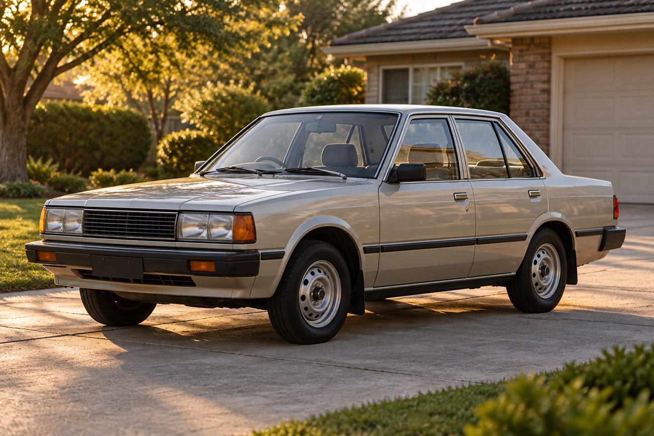 A classic silver Nissan Bluebird 910 sedan parked on a concrete driveway in front of a residential house during golden hour