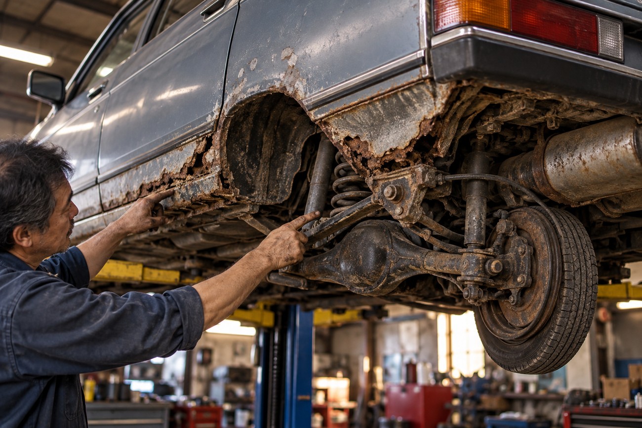 A mechanic inspecting severe rust damage on the underbody and suspension of a lifted Nissan Bluebird 910