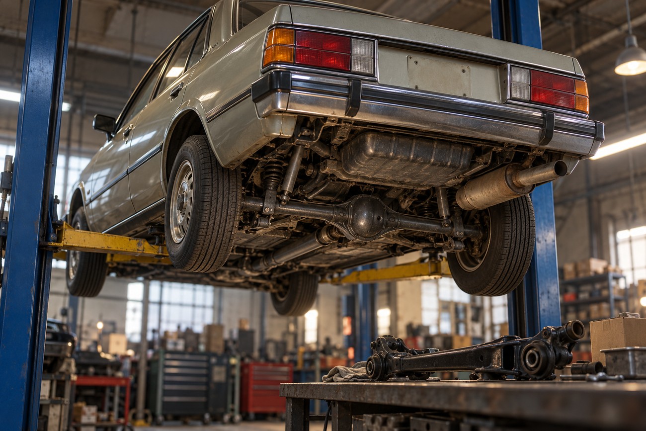 Classic Nissan Bluebird 910 sedan elevated on a hydraulic lift in an auto repair shop showing the undercarriage and suspension
