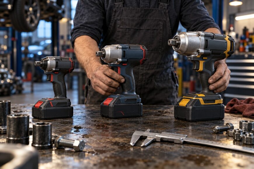 Mechanic holding professional cordless impact wrenches on a cluttered workbench in a repair shop