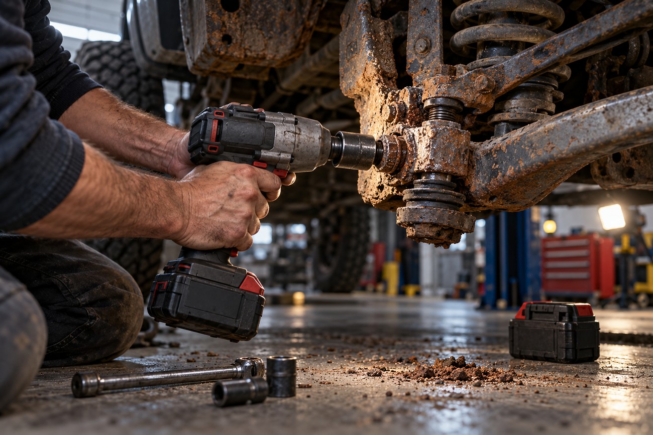 A mechanic using a cordless impact wrench on a rusty truck suspension in a garage