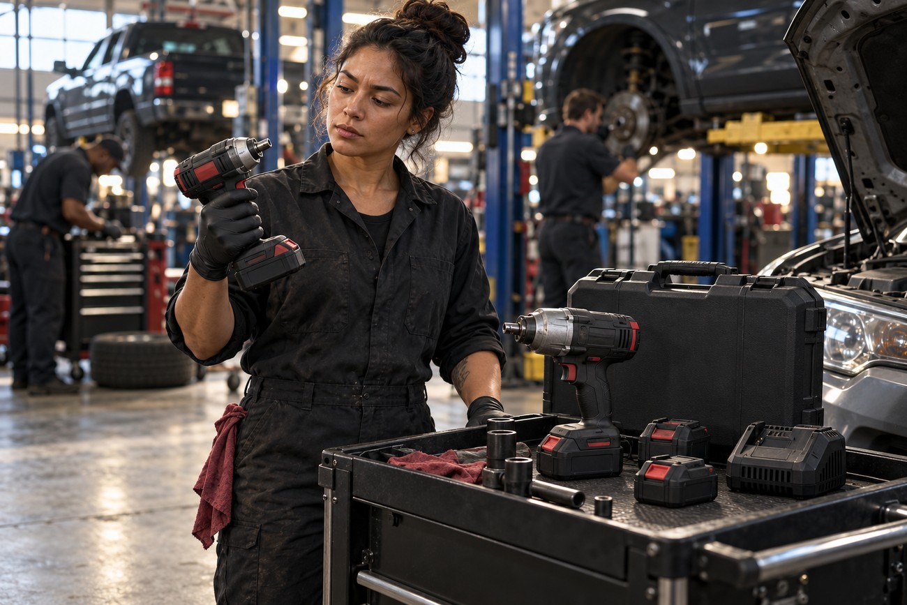 Female mechanic holding a cordless impact wrench next to a tool cart in an auto repair shop