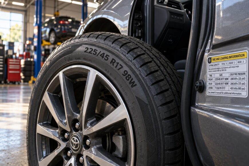 Close up of a car tire showing size and load index markings alongside the vehicle door loading information sticker inside an auto repair shop