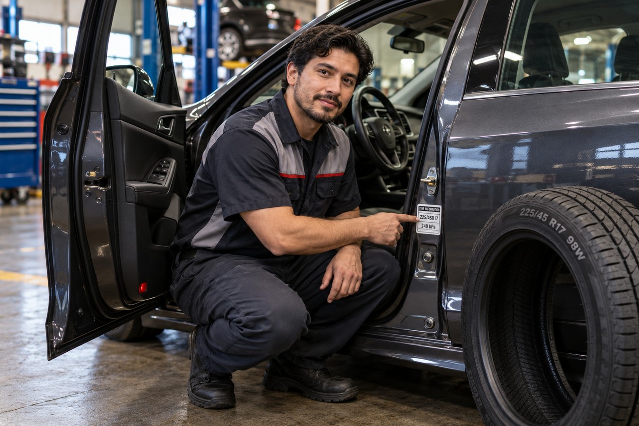 A smiling mechanic in a uniform crouching by a car door and pointing at the tire information placard