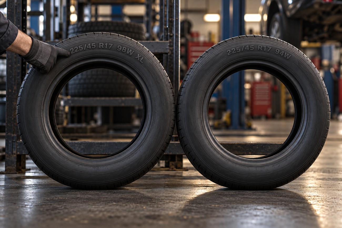 Mechanic holding a car tire next to another tire showing load index and speed rating numbers on the sidewall in a workshop