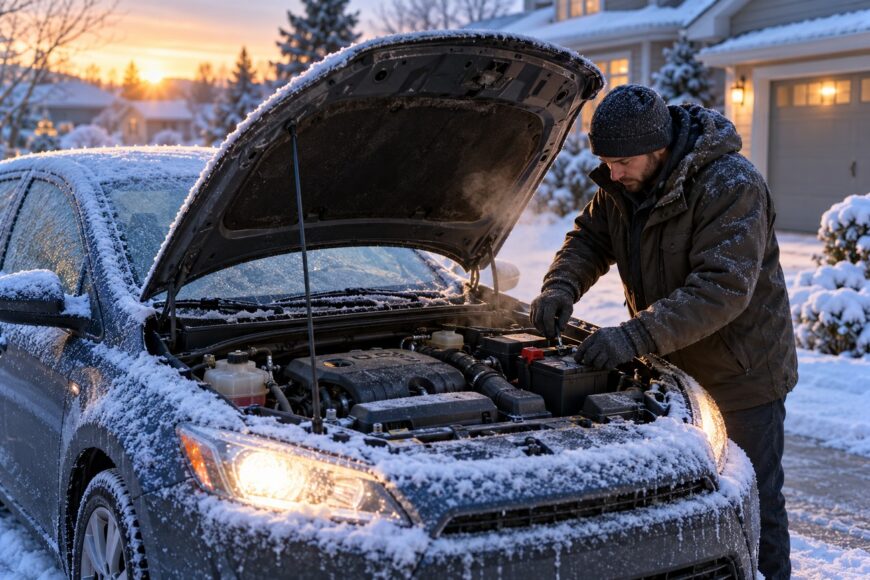 Man in warm jacket and hat inspecting the battery under the snow-covered hood of his car