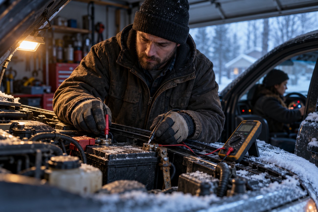 A mechanic in a winter beanie uses a multimeter to test a car battery under the hood in a snowy garage