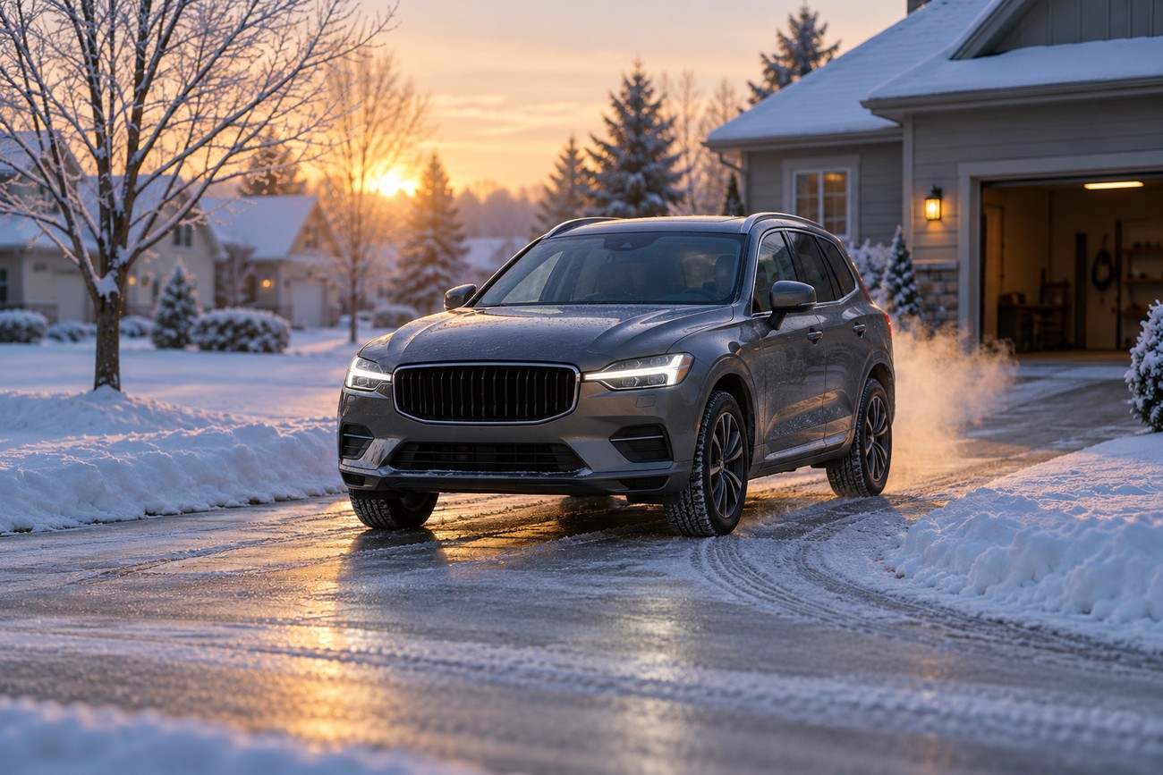 A modern gray SUV parked in a snowy driveway with exhaust visible during a cold winter sunrise