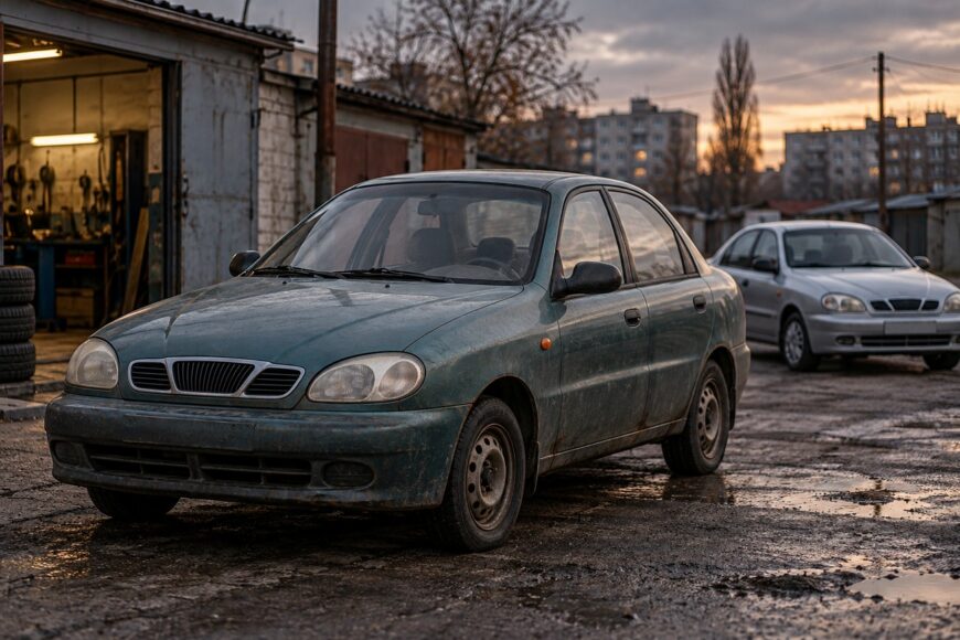 A dirty dark green Daewoo Lanos sedan parked on wet ground in front of an open garage with another silver Lanos visible in the background