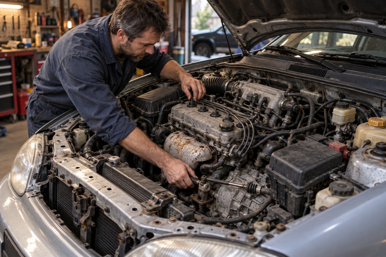 A male mechanic in dark overalls leans over the open hood of a silver Daewoo Lanos sedan to inspect the engine