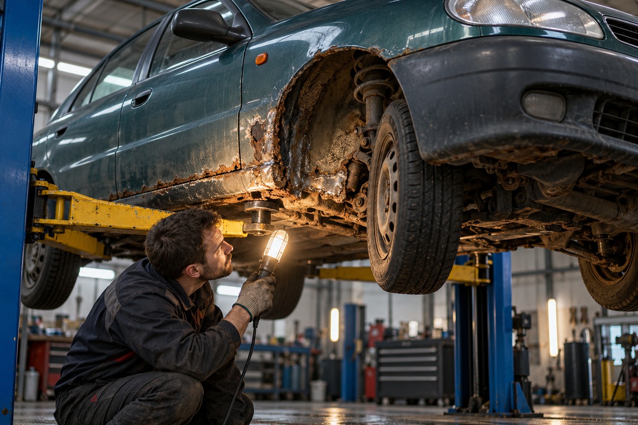 Mechanic with a work light inspecting severe rust on the wheel arch of a lifted Daewoo Lanos sedan in a repair shop