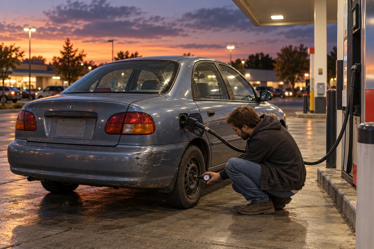 A man crouching to check the rear tire pressure of a gray Daewoo Lanos sedan at a gas station during twilight