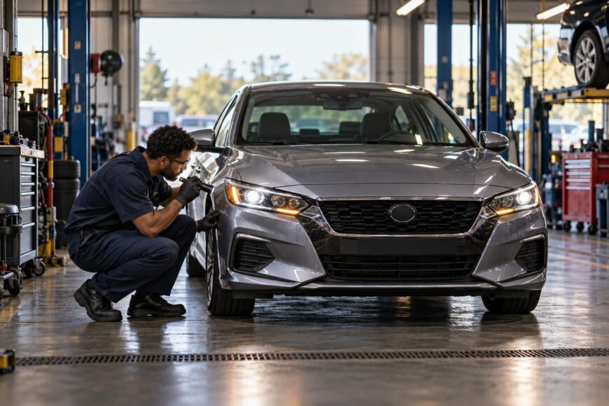 Mechanic wearing gloves crouches beside a gray car in a repair shop using a flashlight to inspect the vehicle