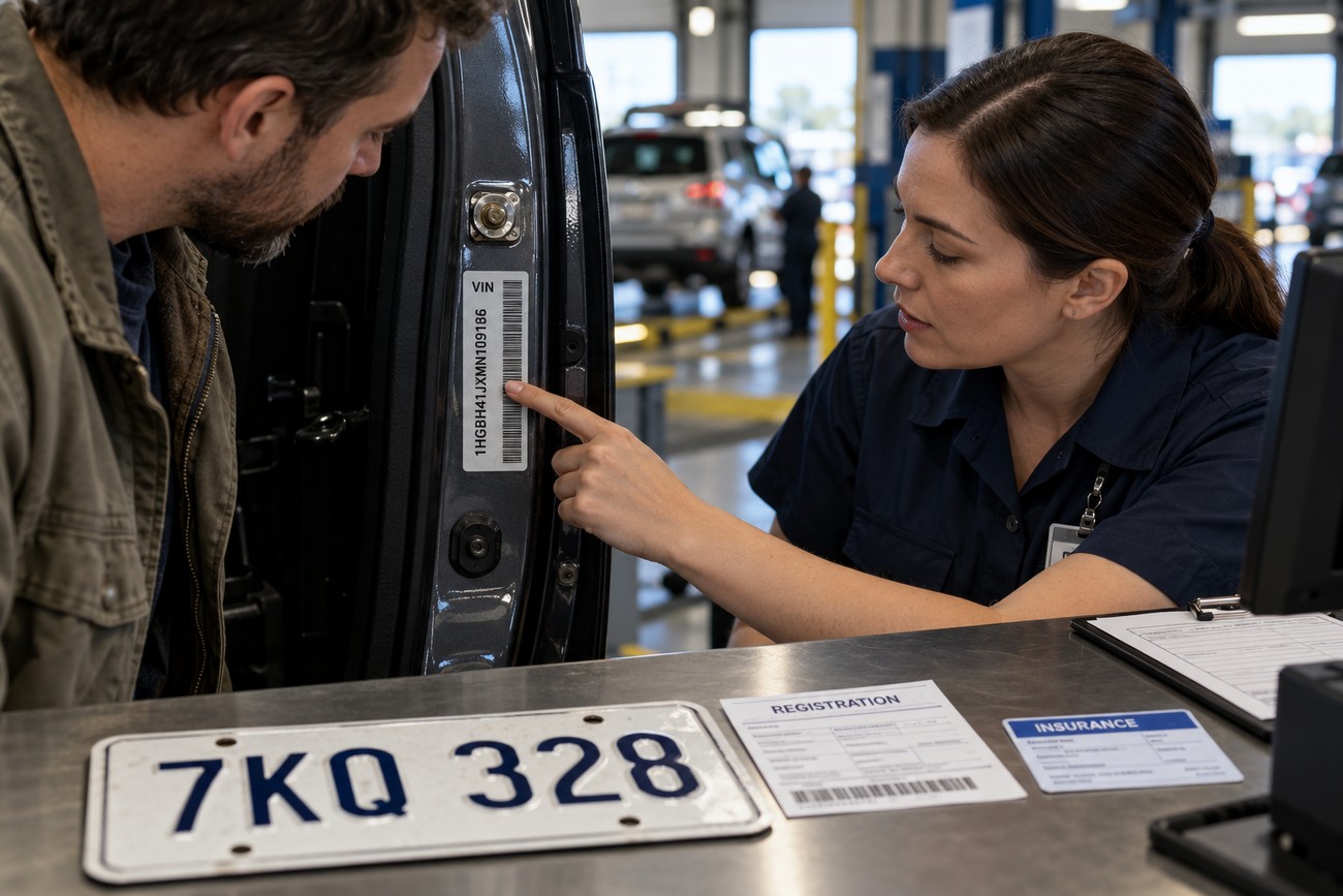 Female vehicle inspector pointing at a car door VIN sticker while talking to a customer in a service center
