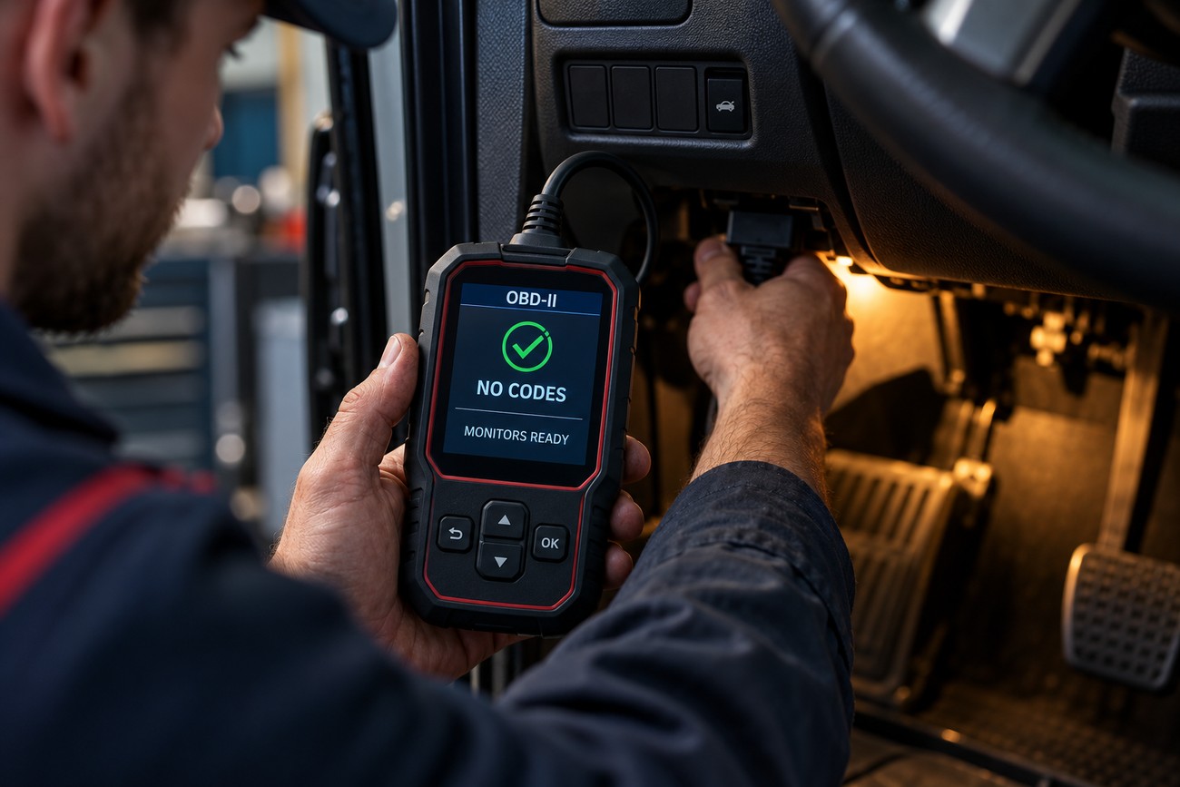 A mechanic holding an OBD2 diagnostic scanner showing no error codes while inspecting a vehicle