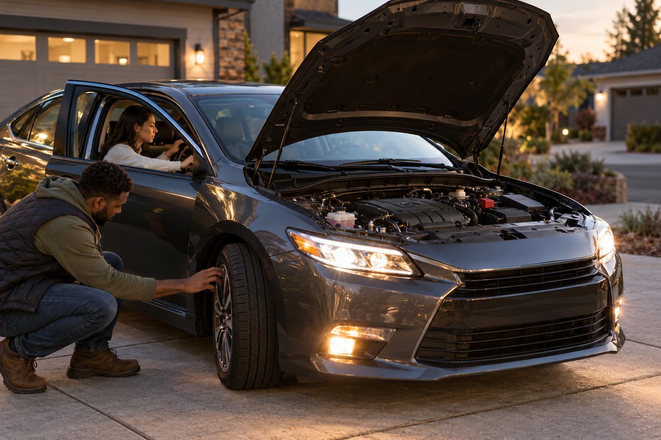 Man inspecting car tire while woman sits inside the vehicle with the hood open in a driveway