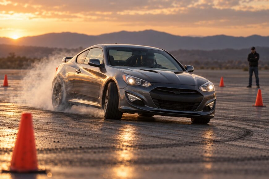 Grey Hyundai Genesis Coupe drifting on an asphalt track with orange cones during a vibrant sunset